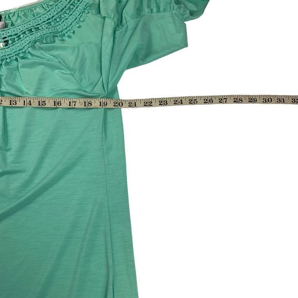 Win Win Women’s Sz XL crochet neckline tunic 3/4 bell sleeve Stretchy top - Picture 8 of 9